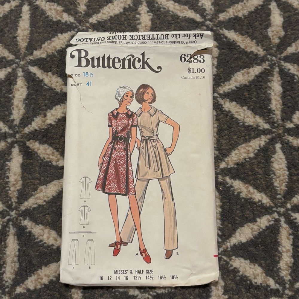 60's Butterick #6283 - Misses' Dress or Tunic & Pants Pattern - Bust 41 - 18 1/2